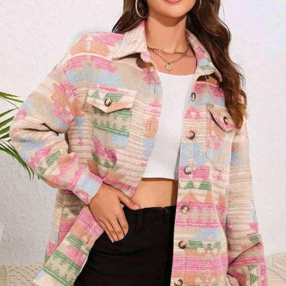 Pink Casual Womens Allover Print Drop Shoulder Flap Pocket Coat - Picture 5 of 5